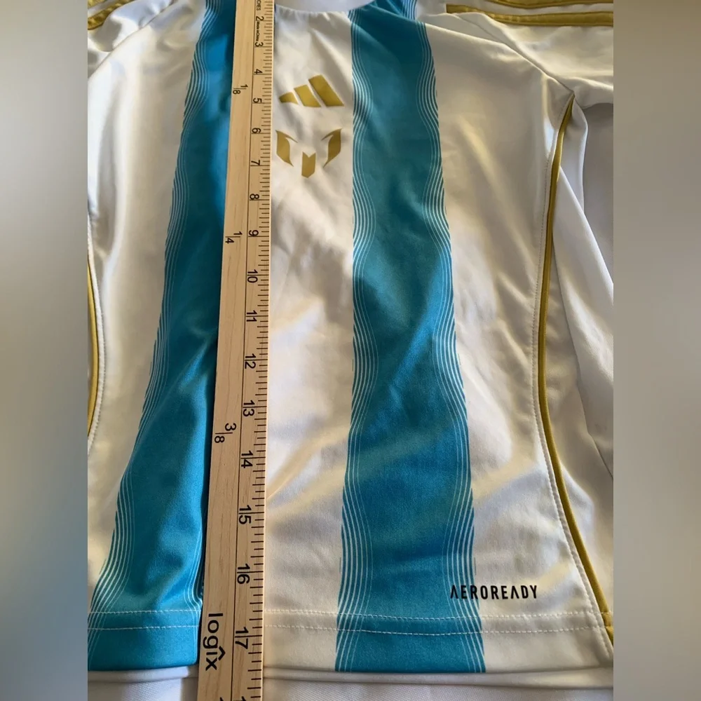 adidas Messi Argentina Logo Jersey Kids Unisex US 5 9-10Y White Teal Gold